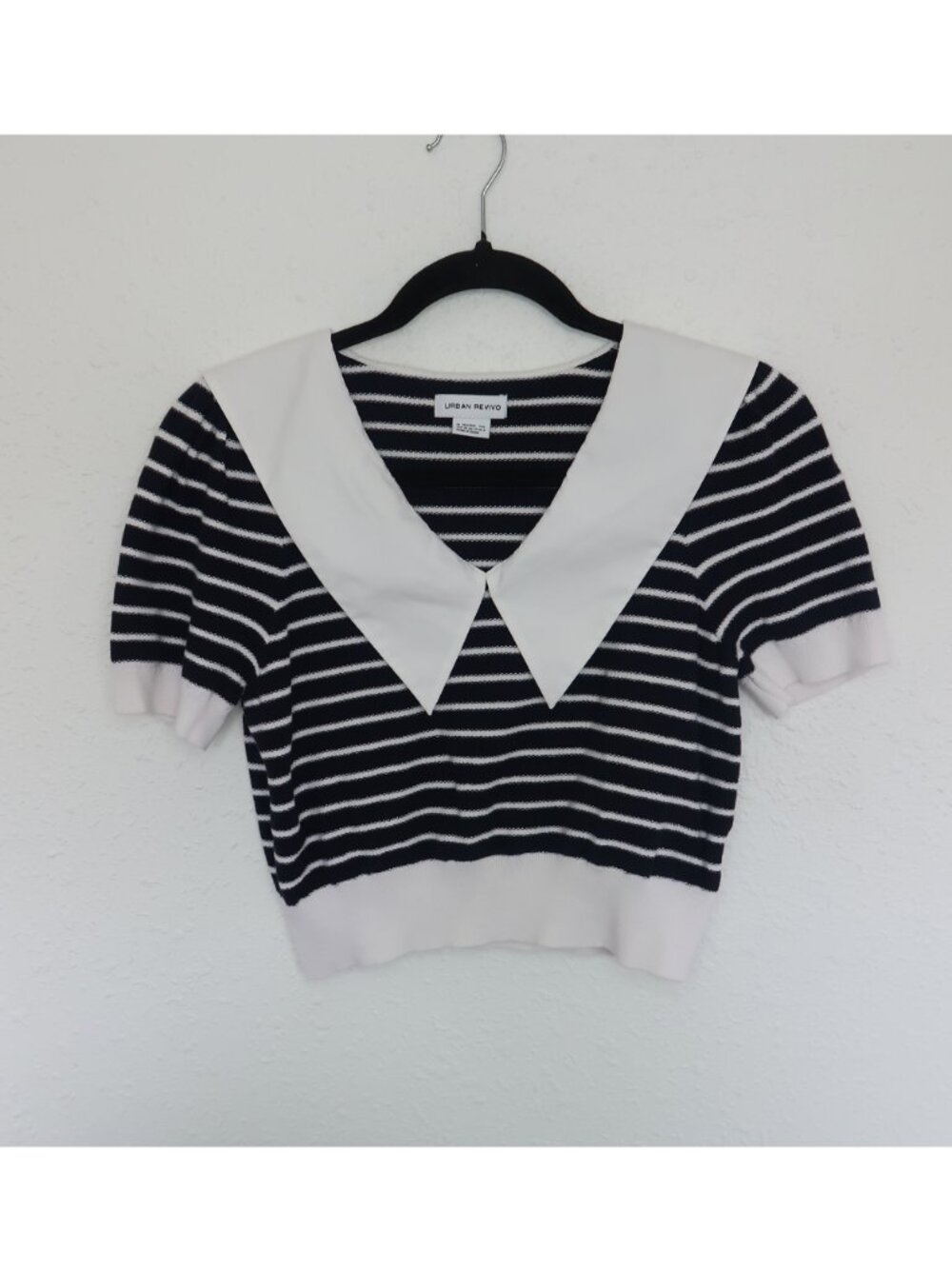 Urban Revivo Navy Blue & White Striped Knit Crop Top
